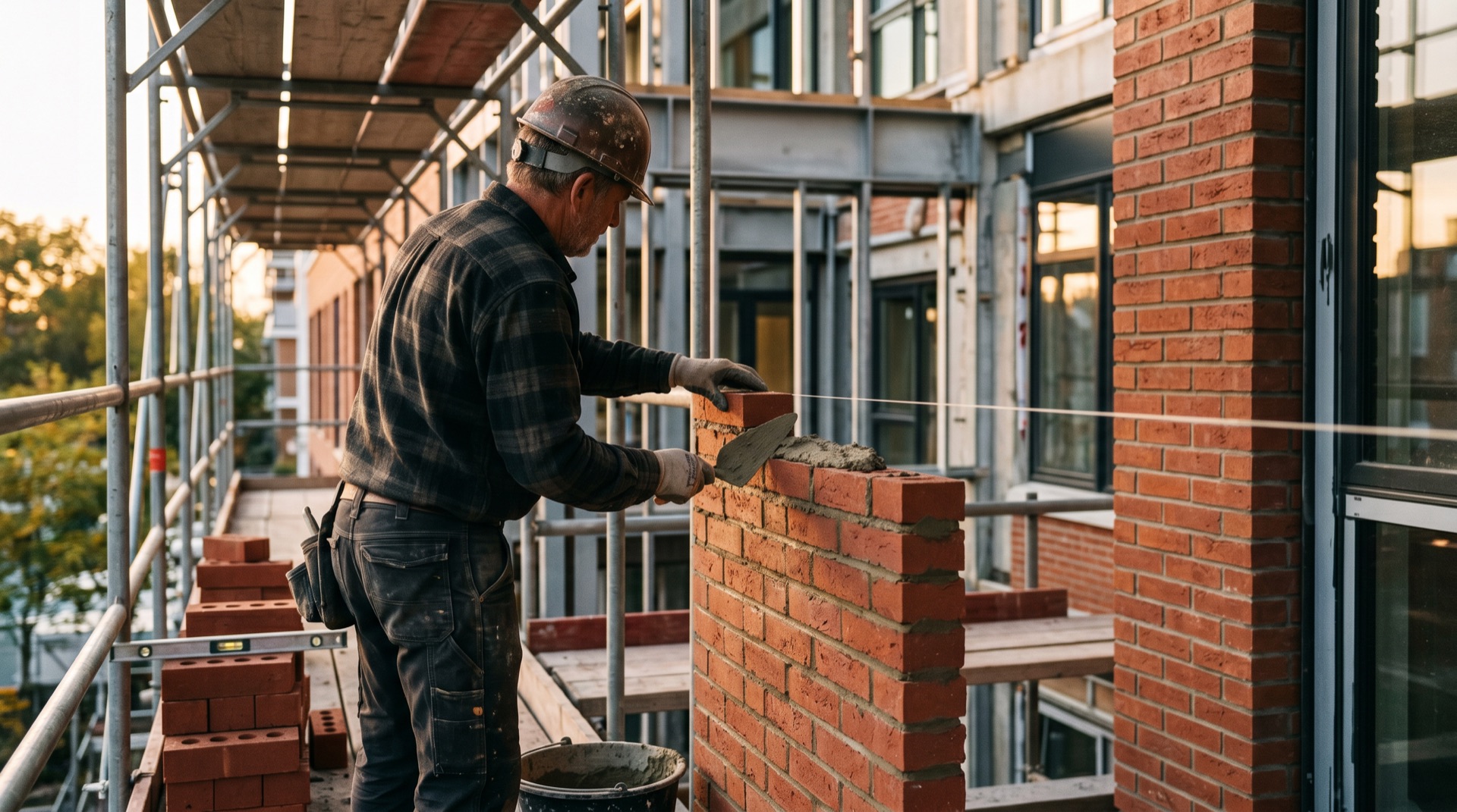 Bricklayer mason laying brick veneer on a modern commercial building facade