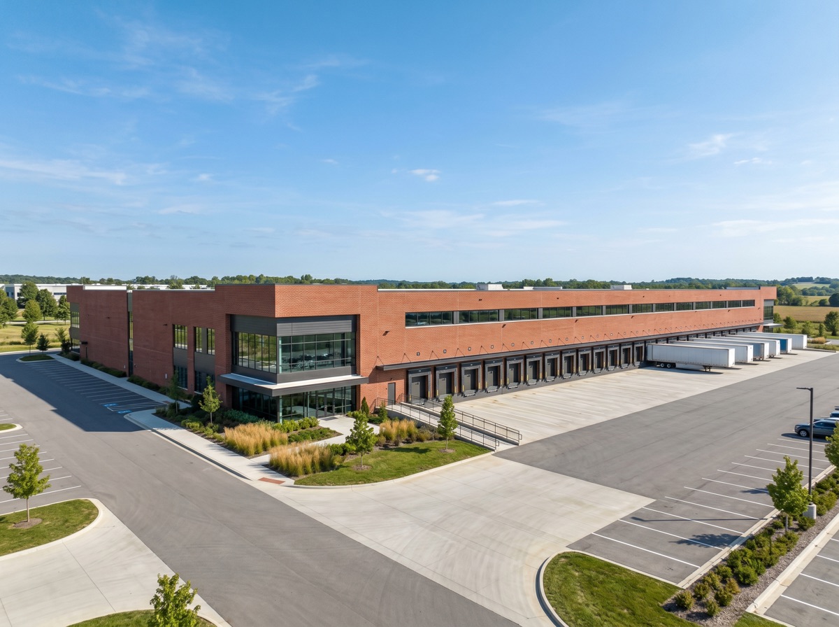 Completed brick veneer facade on an industrial distribution centre