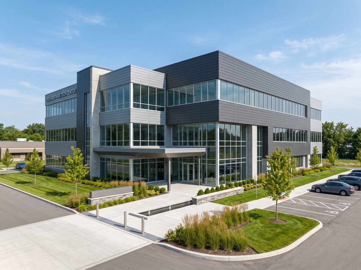 Commercial office building with newly installed metal siding panels