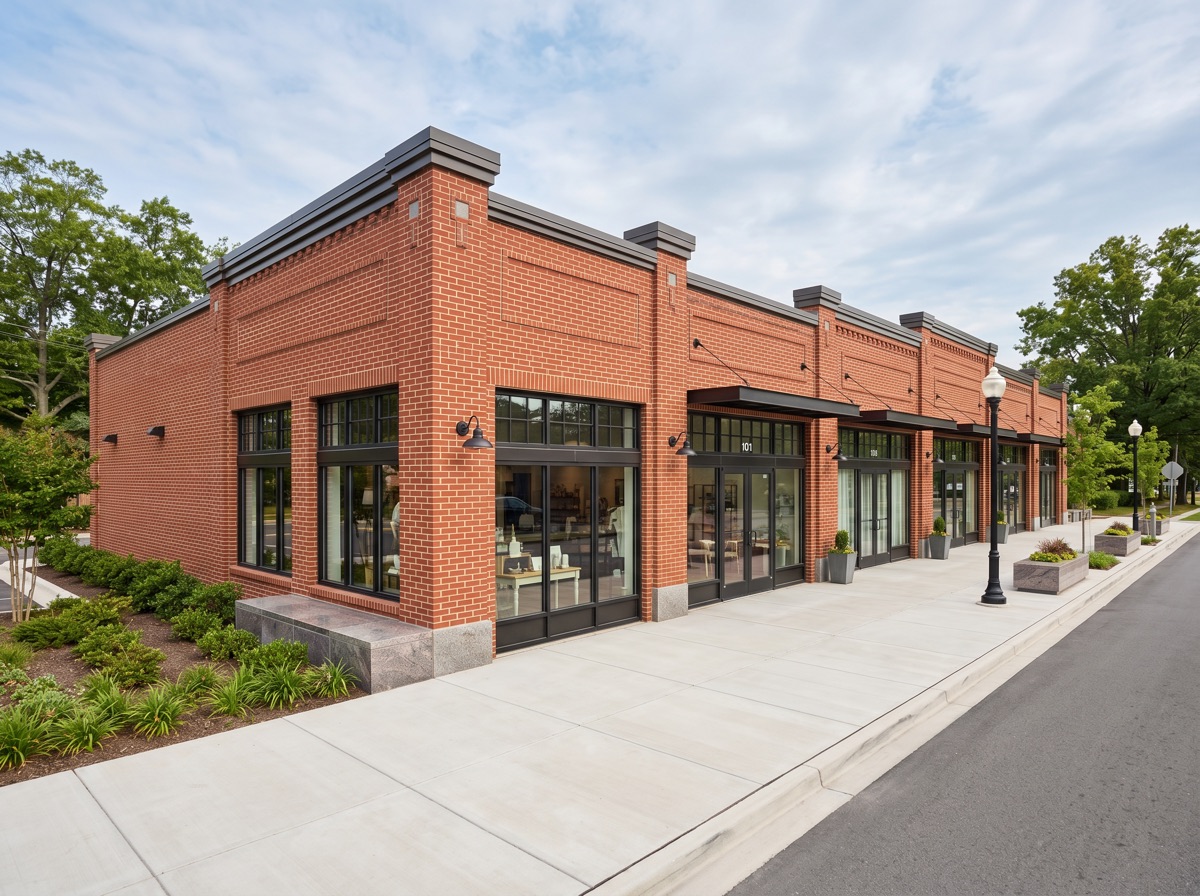 Restored brick facade on a commercial retail plaza