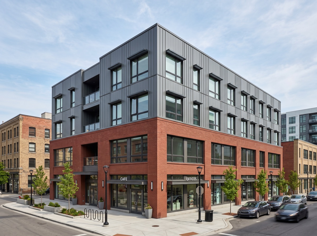 Mixed-use commercial building exterior combining brick veneer and siding