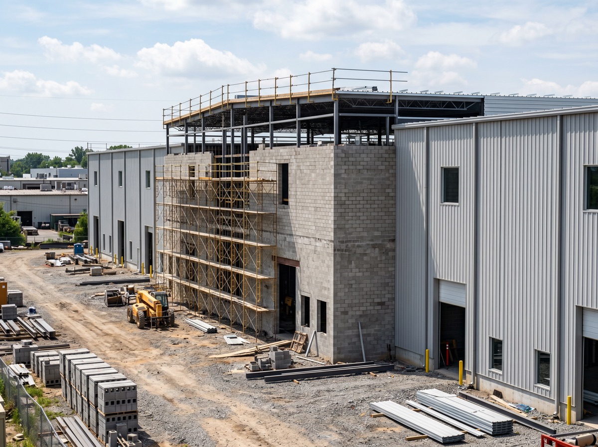 Warehouse expansion under construction showing block masonry and siding work