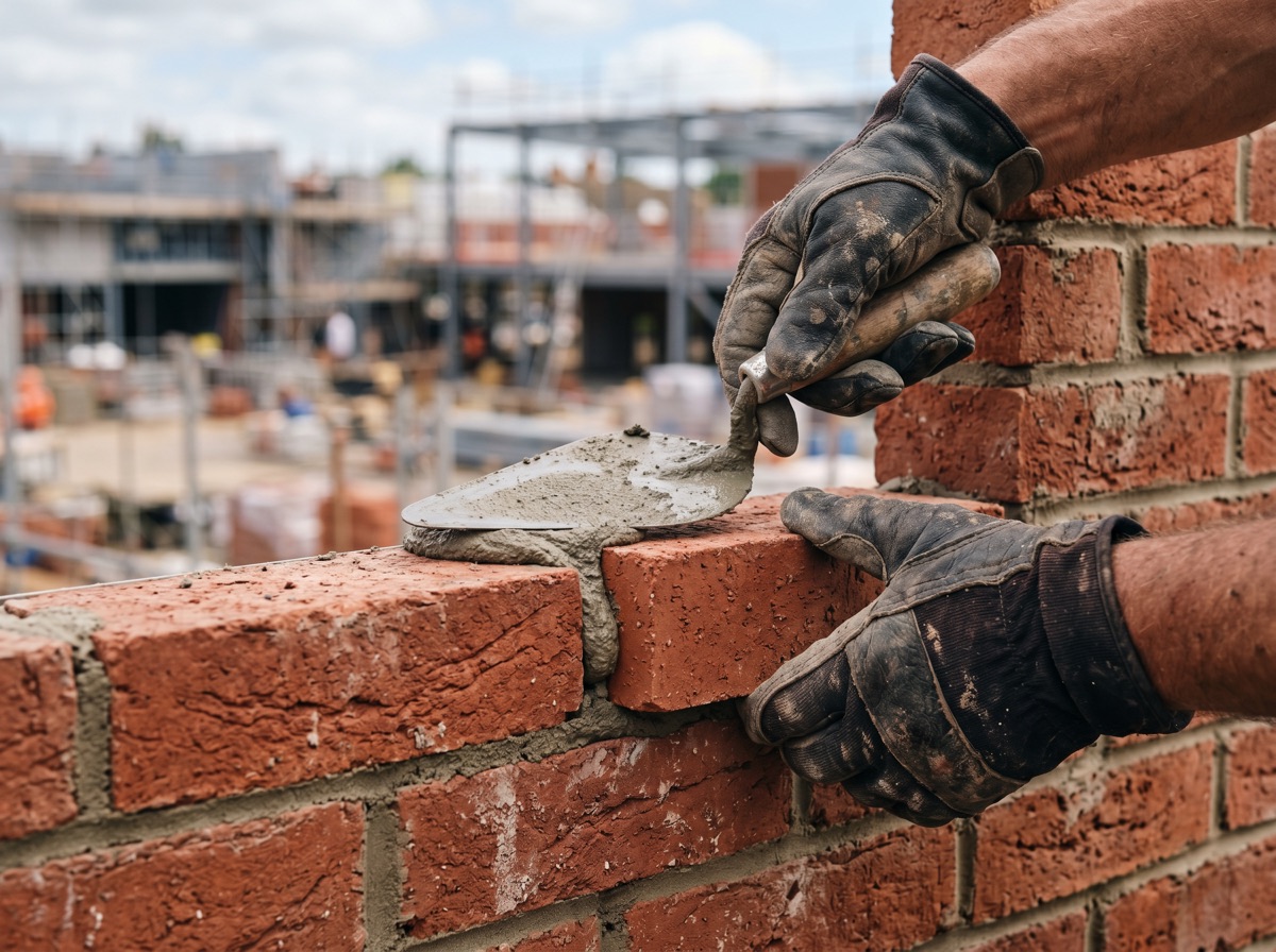 Bricklayer laying a brick veneer wall on a commercial building under construction