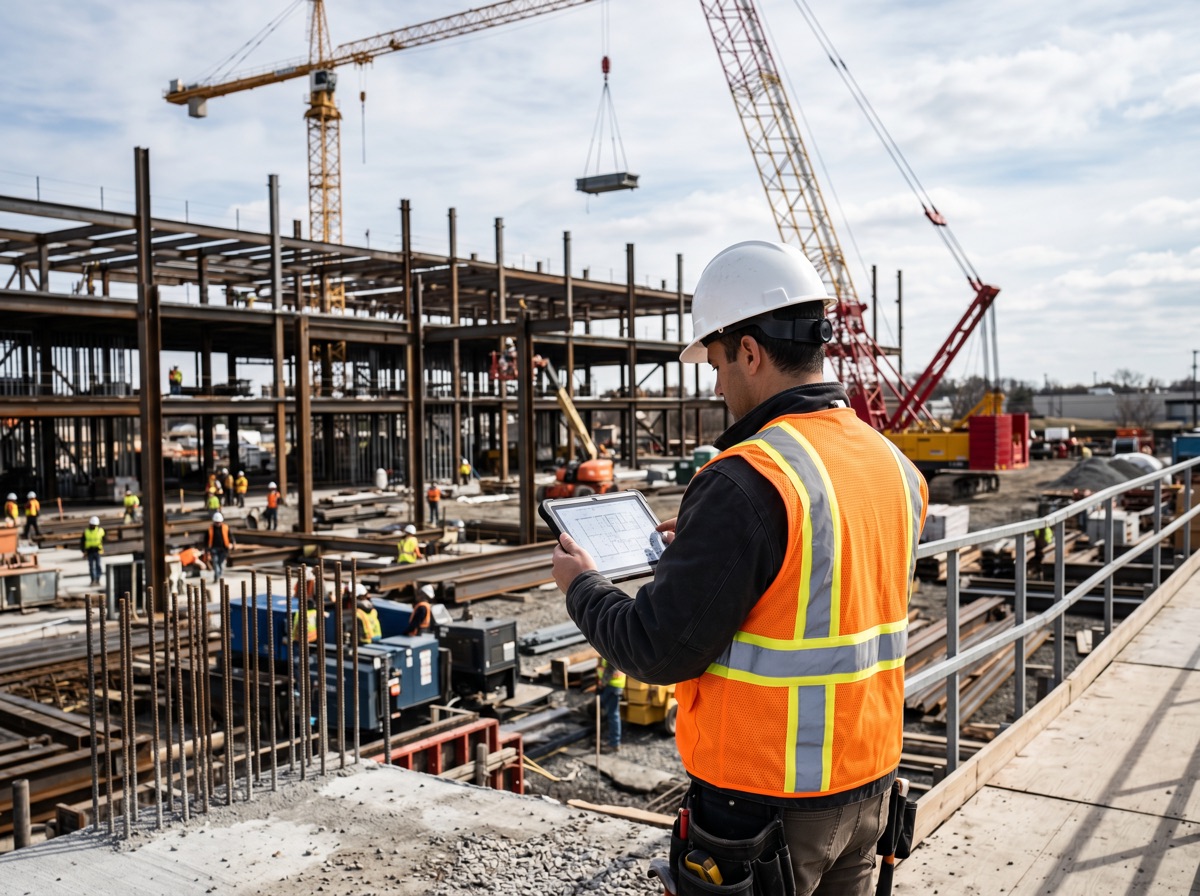 Construction project manager reviewing blueprints on a commercial job site