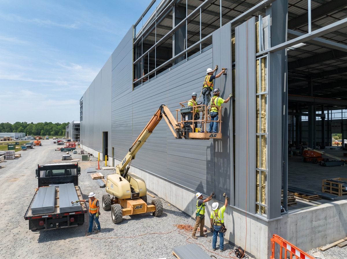 Crew installing metal siding panels on the exterior of an industrial building